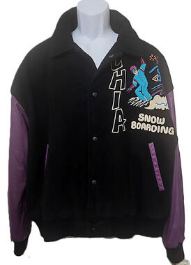 Vintage 90s CHIA Snowboarding Varsity Jacket XL Wool Leather Korea Rare